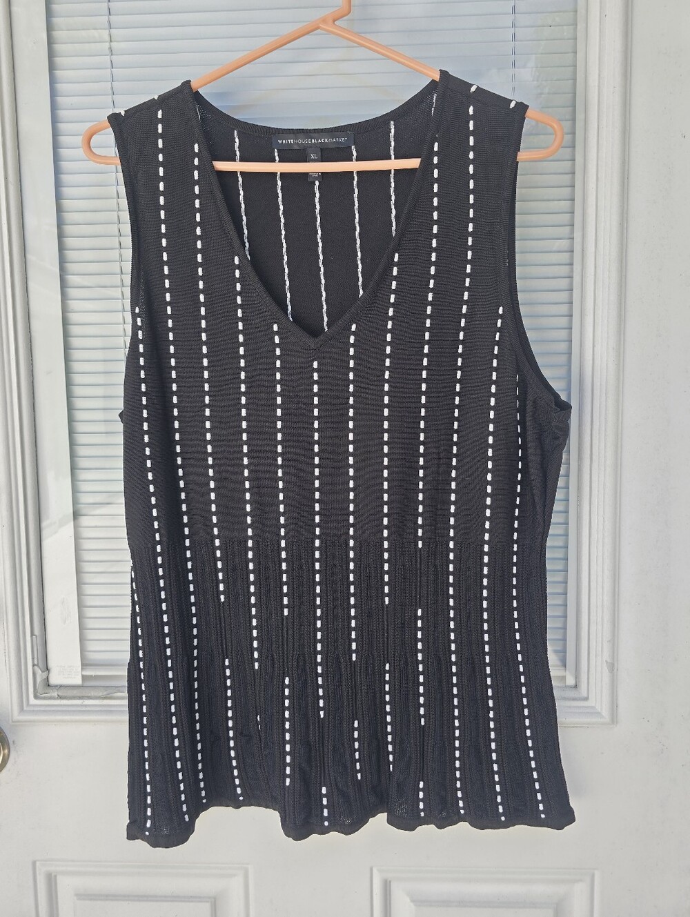WHBM Black Sleeveless V-Neck Knit Top with White Pinstripe Detailing